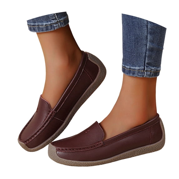 Women's Leather Penny Dress Loafers Classic Round Toe Slip On Soft Bottom Driving Work Flats Breathable Non Slip Walking Shoes Brown Size 7