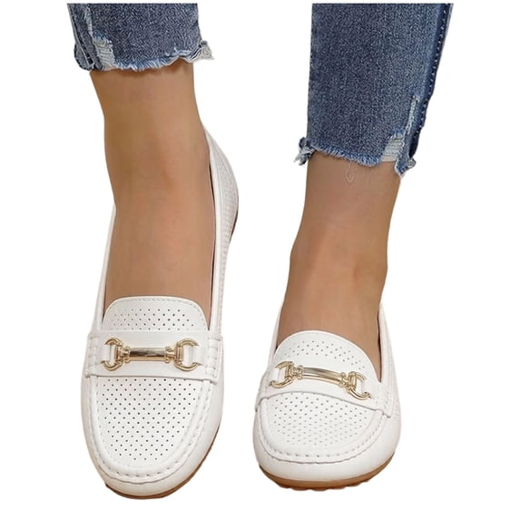 Women's Leather Penny Loafers Classic Comfortable Hollow out Casual Slip on Lightweight Walking Flat Driving Boat Shoes White Size 7
