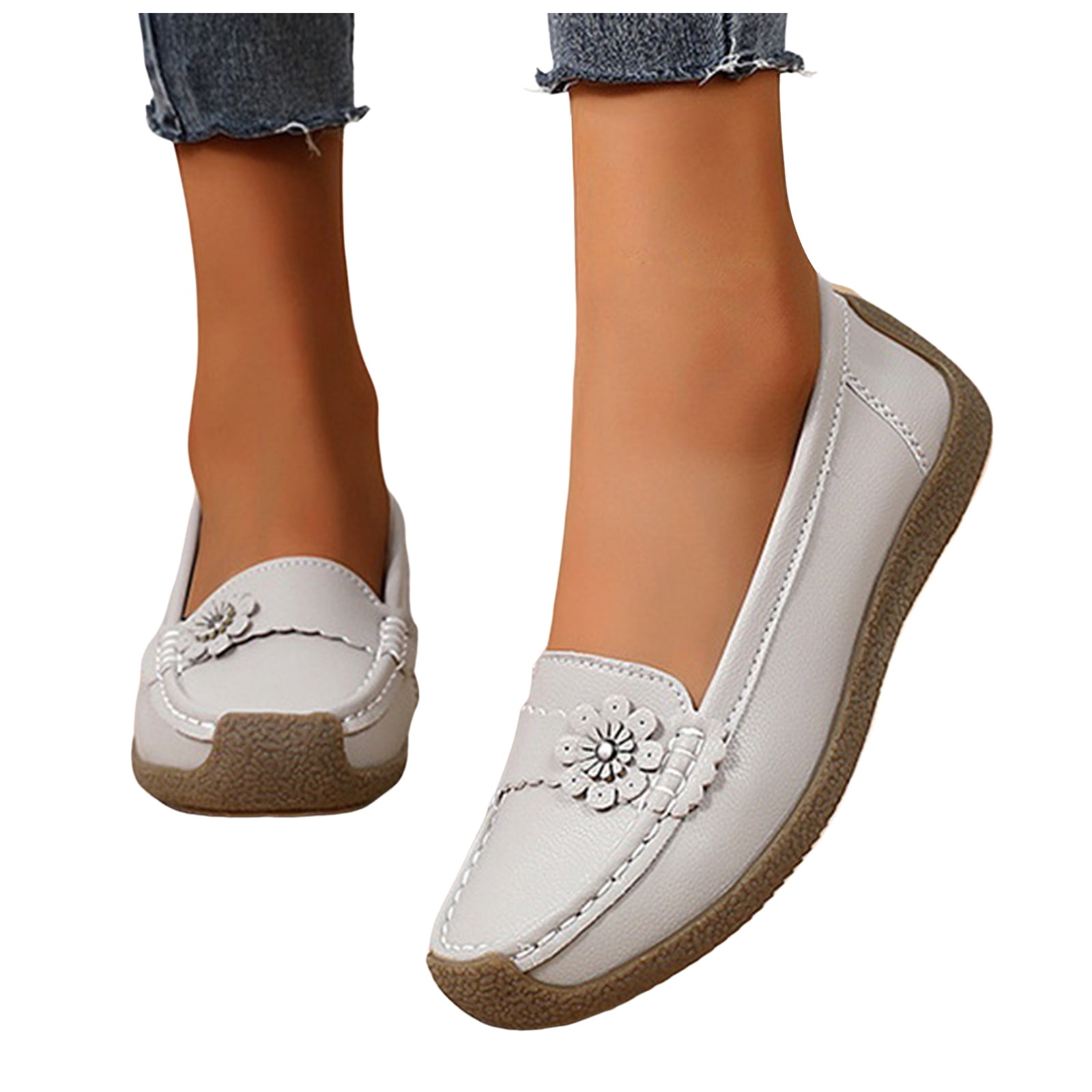 Women's Leather Penny Loafers Driving Moccasins Casual Slip on Flats Shoes Nurse Work Walking Loafer Shoes