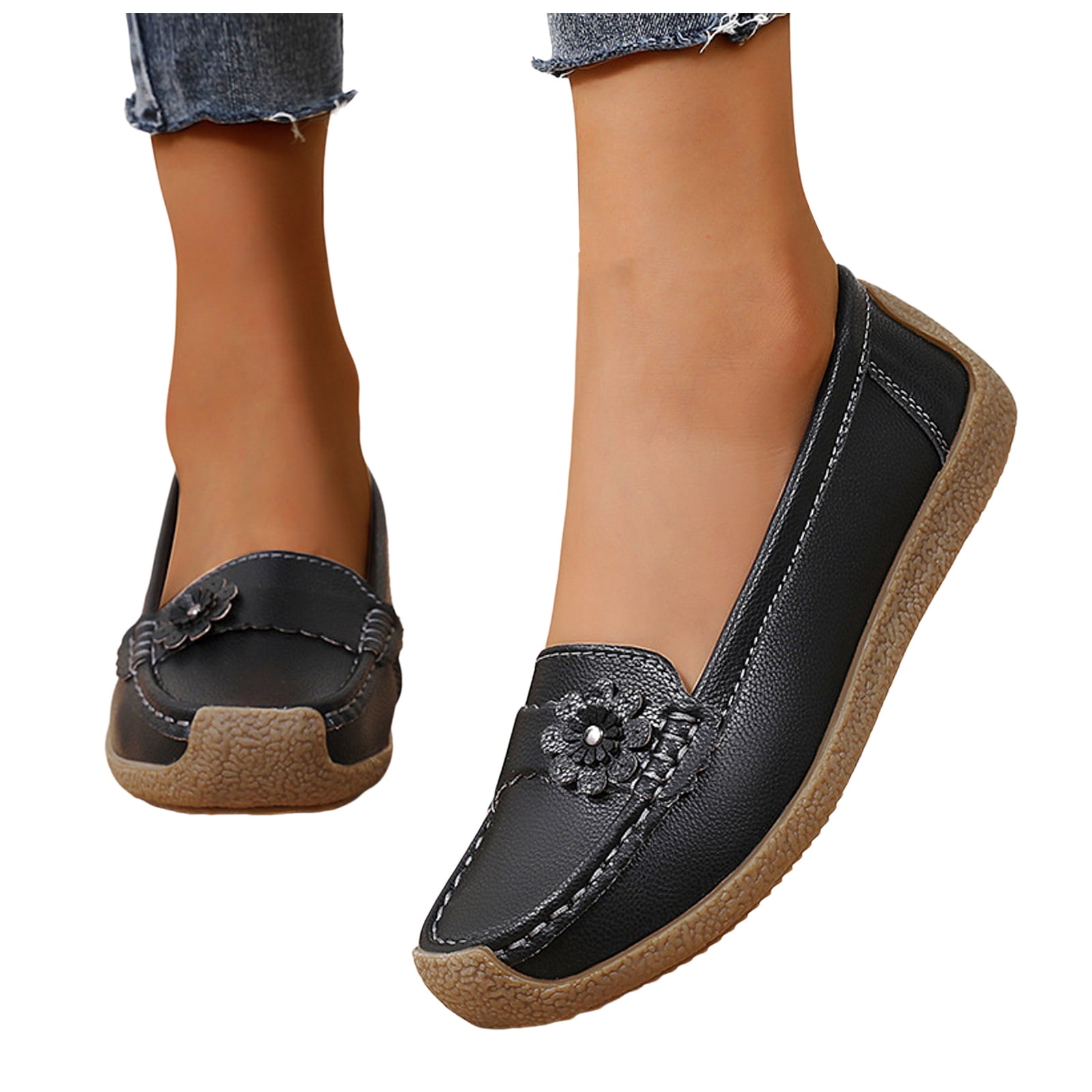 Women's Leather Penny Loafers Driving Moccasins Casual Slip on Flats Shoes Nurse Work Walking Loafer Shoes