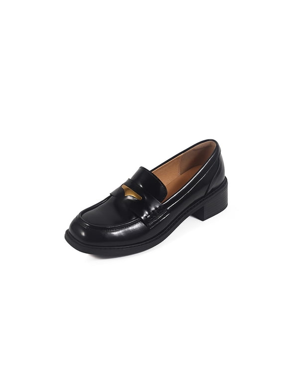 Women’s Leather Penny Loafers, Metal Accent Round Toe Slip-On Dress Flats