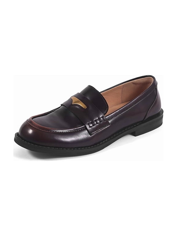 Women’s Leather Penny Loafers, Metal Accent Round Toe Slip-On Dress Flats