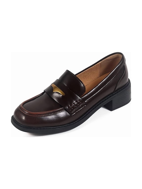 Women’s Leather Penny Loafers, Metal Accent Round Toe Slip-On Dress Flats