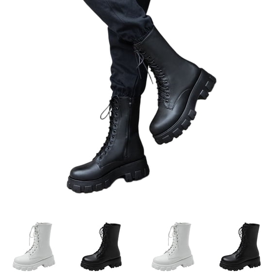 Women's Leather Platform Combat Boots Fashion Side Zipper Lace Up Chunky Lug Sole High Top Motorcycle Boots Comfort Waterproof Non-Slip Ankle Booties