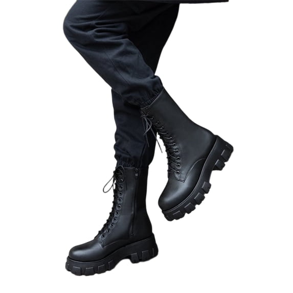 Women's Leather Platform Combat Boots Fashion Side Zipper Lace Up Chunky Lug Sole High Top Motorcycle Boots Comfort Waterproof Non-Slip Ankle Booties
