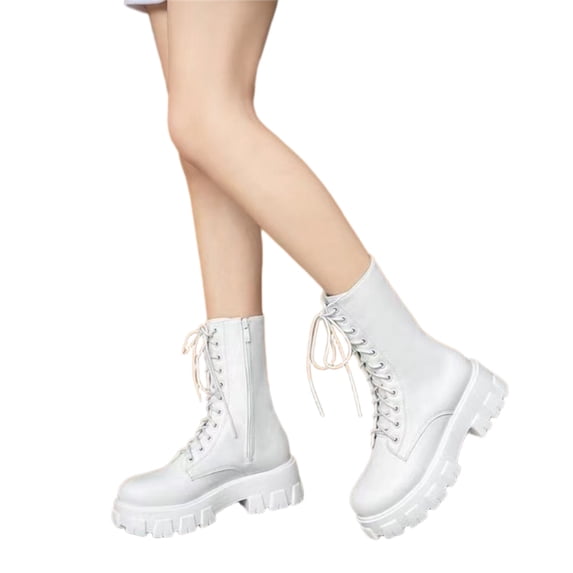 Women's Leather Platform Combat Boots Fashion Side Zipper Lace Up Chunky Lug Sole High Top Motorcycle Boots Comfort Waterproof Non-Slip Ankle Booties