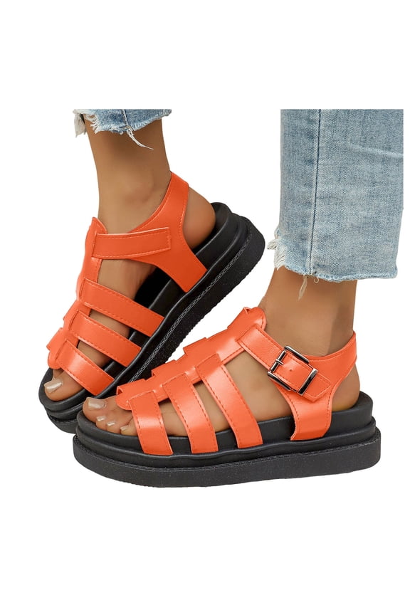 Women's Leather Platform Gladiator Sandals Open Toe Adjustable Buckle Strap Summer Breathable Beach Sandals