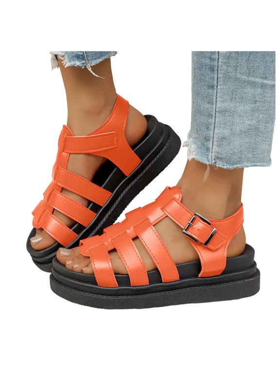 Women's Leather Platform Gladiator Sandals Open Toe Adjustable Buckle Strap Summer Breathable Beach Sandals