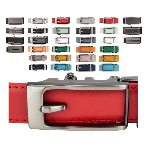 Women's Leather Ratchet Belt, Trim to Fit 18"- 44" Waist, No Holes, Packed in a Gift Box by CANDOR AND CLASS (W723X Tango Red, 25mm Wide)