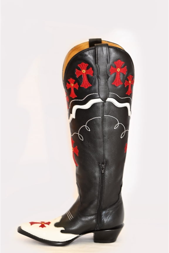 Women's Leather Red Crosses Mid-Calf Boots