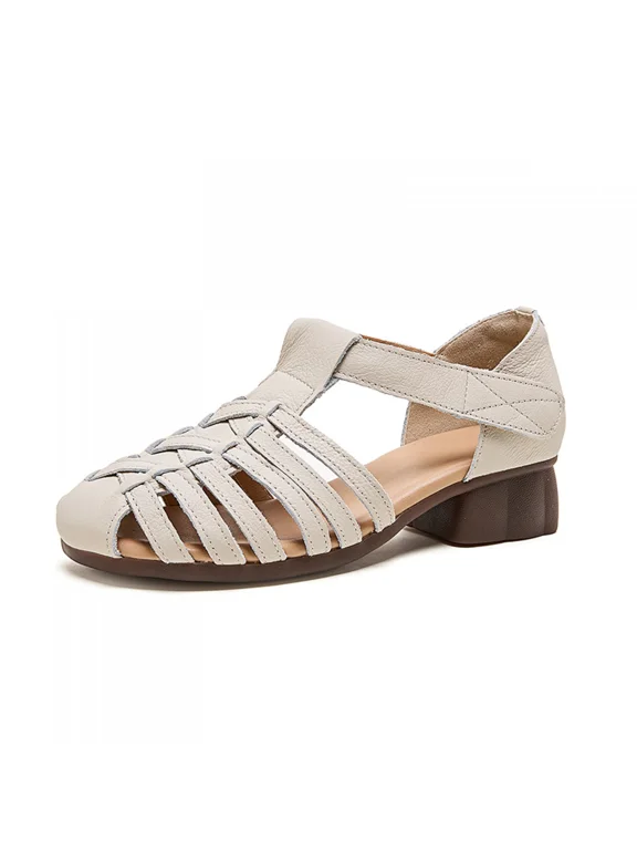 Women's Leather Retro Woven Cage Sandals, Hollow Out Closed Toe Low Heel Roman Summer Shoes