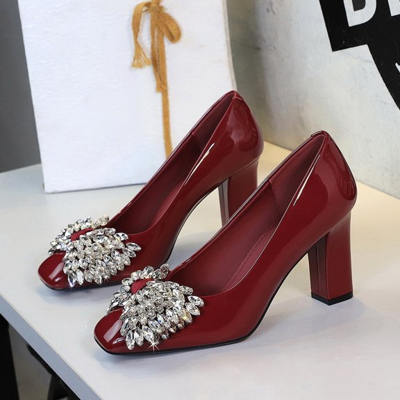 Women's Leather Rhinestone Bow Block Heel Pumps