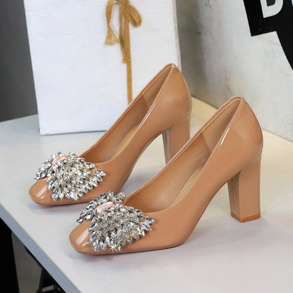 Women's Leather Rhinestone Bow Block Heel Pumps