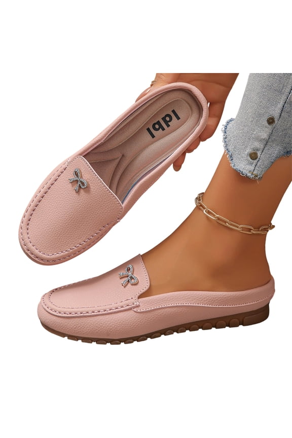 Women's Leather Rhinestone Bow Mules Comfortable Round Toe Backless Slip-On Moccasins Lightweight Everyday Office Walking Slippers, 37
