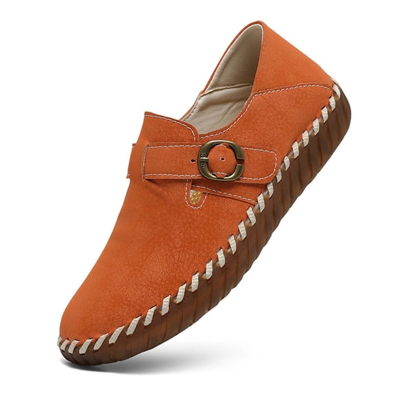 Women's Leather Round Toe Buckle Loafers Slip On Comfort Soft Walking Flats Casual Lightweight Driving Work Shoes