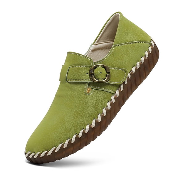 Women's Leather Round Toe Buckle Loafers Slip On Comfort Soft Walking Flats Casual Lightweight Driving Work Shoes
