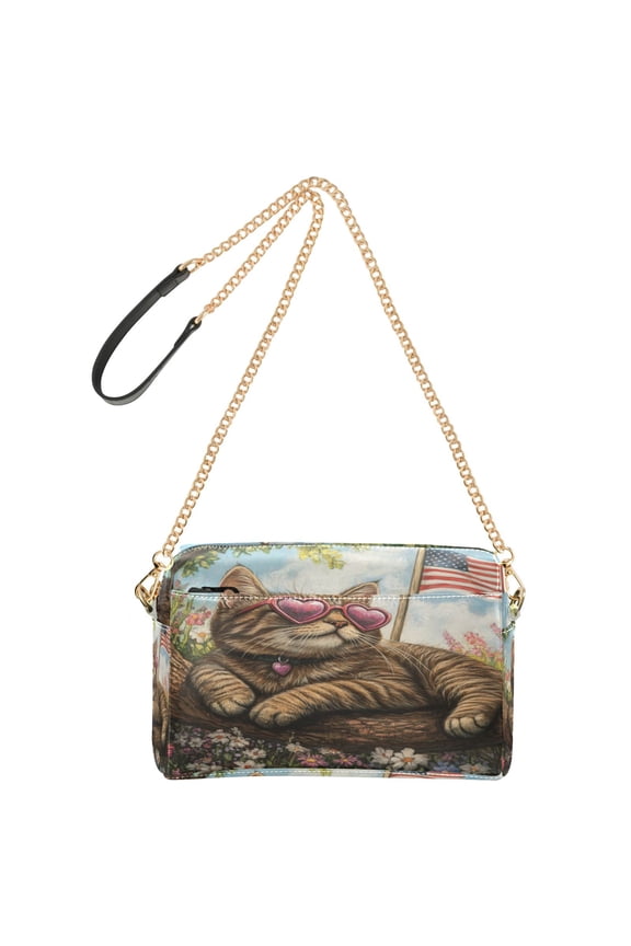 Women's Leather Shoulder Bag Crossbody Purse with Zipper Pockets Waterproof PU Handbag American Flag Flower Cat