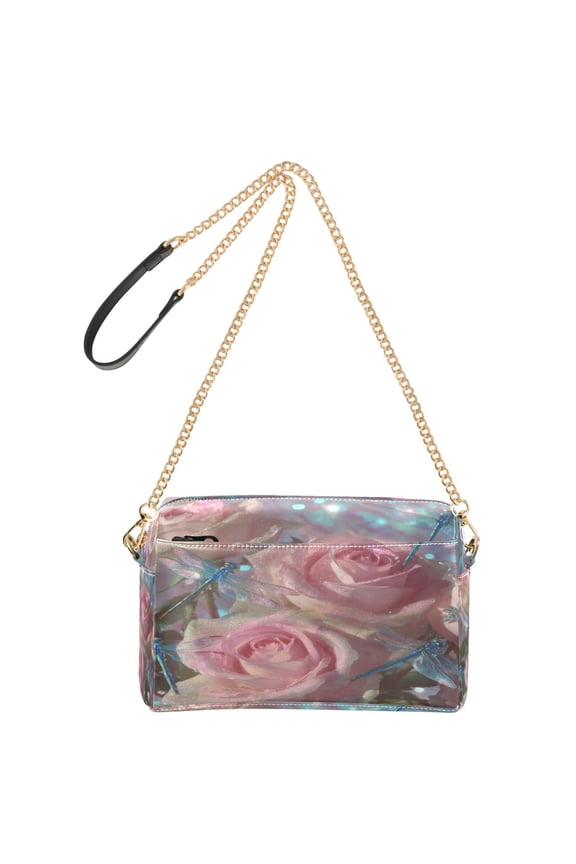 Women's Leather Shoulder Bag Crossbody Purse with Zipper Pockets Waterproof PU Handbag Pink Rose Dragonfly