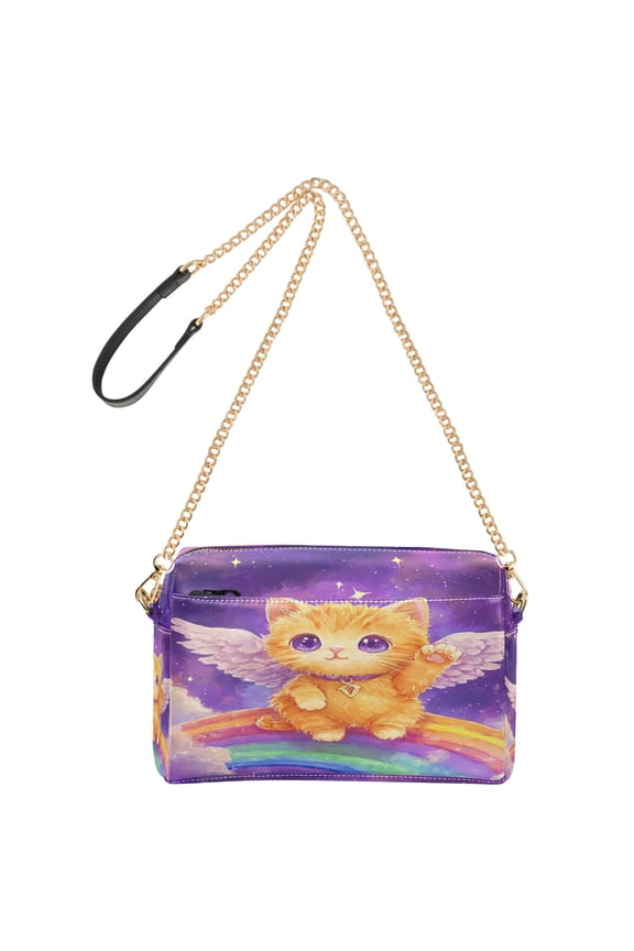 Women's Leather Shoulder Bag Crossbody Purse with Zipper Pockets Waterproof PU Handbag Rainbow Angel Cat