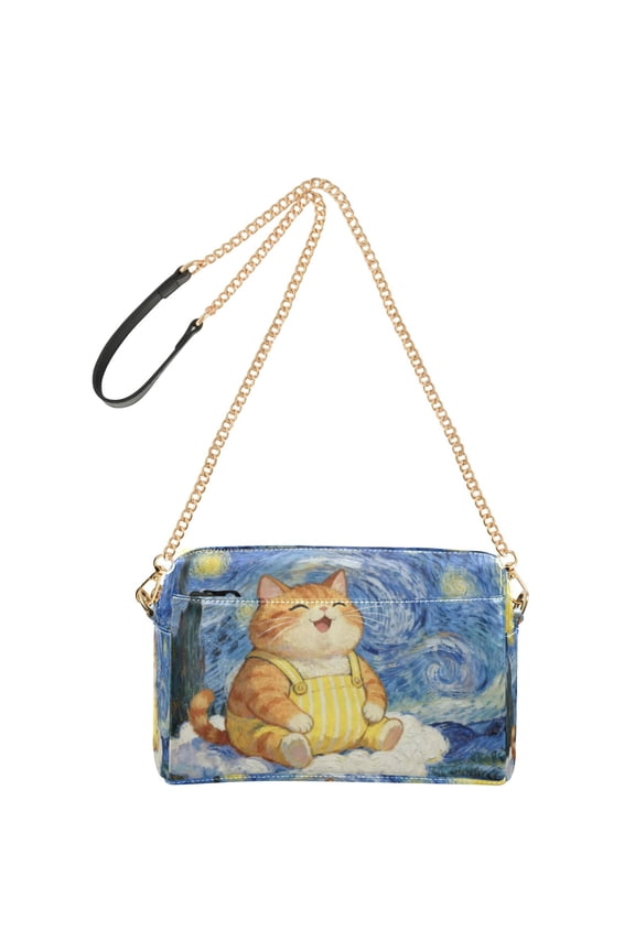 Women's Leather Shoulder Bag Crossbody Purse with Zipper Pockets Waterproof PU Handbag Starry Sky Plump Cat