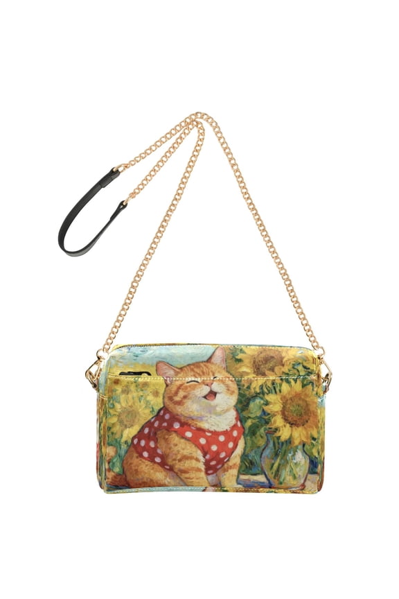 Women's Leather Shoulder Bag Crossbody Purse with Zipper Pockets Waterproof PU Handbag Sunflower Chubby Cat