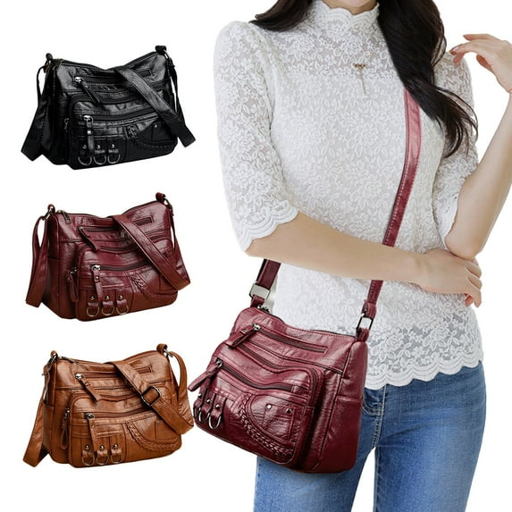 Women's Leather Shoulder Bag, Faux Leather Crossbody Purse with 6 Zipper Pockets, Spacious Large Capacity for Daily Use, Travel, Work & Shopping Essentials FAJHHA | Black