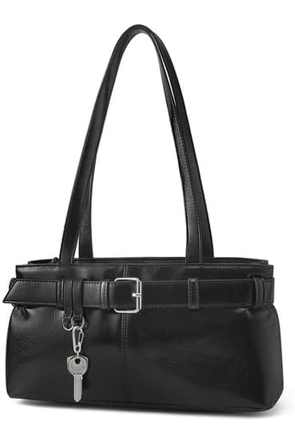 Womens Leather Shoulder Bag with Belt Detail and Attached Key Charm Compact Top Handle Purse