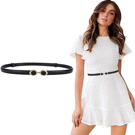 Women's Leather Skinny Belt for Dress Adjustable Thin Waist Belt for Lady Waistband with Golden Buckle