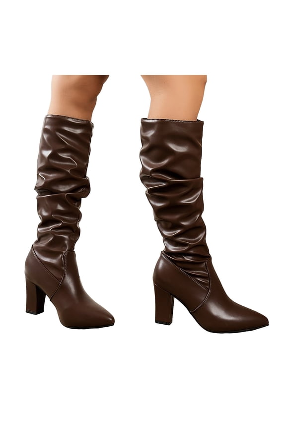 Women's Leather Slouchy Knee High Boots Wide Calf Pointed Toe High Heeled Non Slip Riding Booties