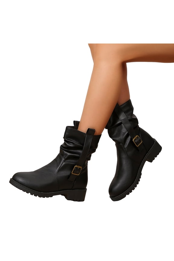Women's Leather Slouchy Mid Calf Boots Buckle Strap Slip On Combat Booties Chunky Low Heel Non Slip Riding Boots Black Size 5