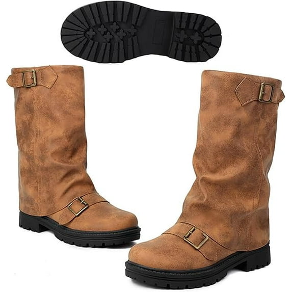 Women's Leather Slouchy platform Buckle Mid-Calf Boots Comfort Wide Round Toe Slip On lug sole Motorcycle Combat Boots