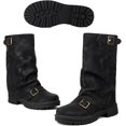 thumbnail image 1 of Women's Leather Slouchy platform Buckle Mid-Calf Boots Comfort Wide Round Toe Slip On lug sole Motorcycle Combat Boots, 1 of 6