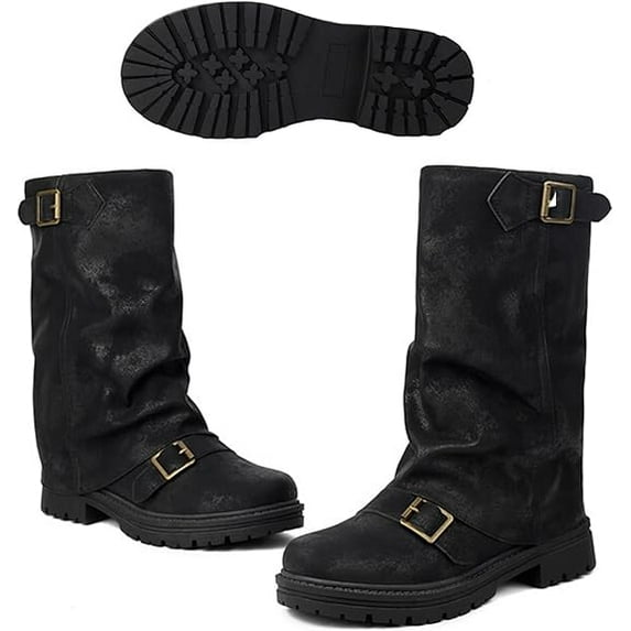 Women's Leather Slouchy platform Buckle Mid-Calf Boots Comfort Wide Round Toe Slip On lug sole Motorcycle Combat Boots