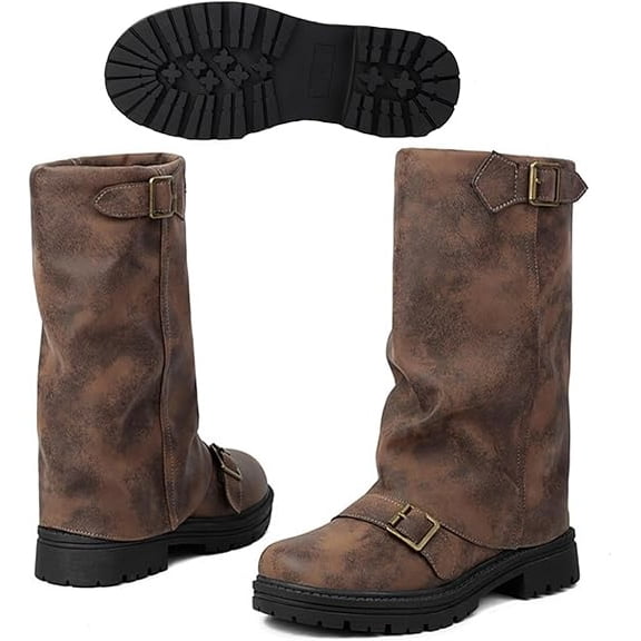 Women's Leather Slouchy platform Buckle Mid-Calf Boots Comfort Wide Round Toe Slip On lug sole Motorcycle Combat Boots