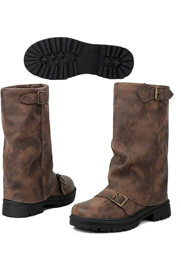 Women's Leather Slouchy platform Buckle Mid-Calf Boots Comfort Wide Round Toe Slip On lug sole Motorcycle Combat Boots