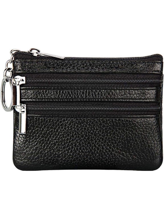 Women's Leather Small Coin Purse with 3 Zipper Pockets, Mini Pouch Loose Change Wallet Card Holder Case with Keychain