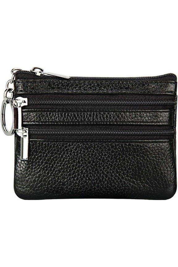 Women's Leather Small Coin Purse with 3 Zipper Pockets, Mini Pouch Loose Change Wallet Card Holder Case with Keychain