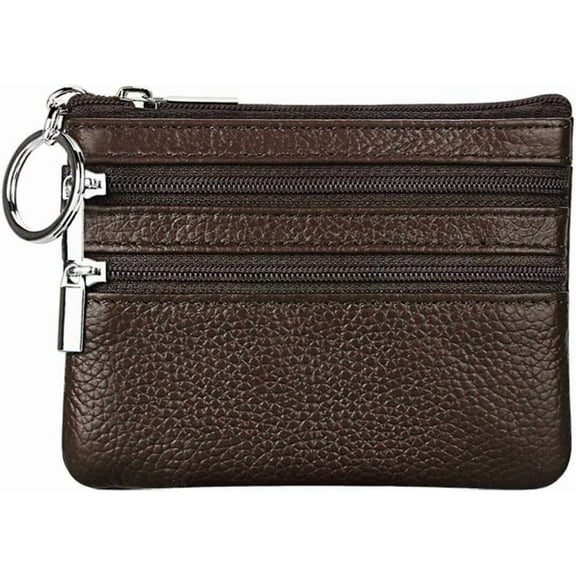 Women's Leather Small Coin Purse with 3 Zipper Pockets, Mini Pouch Loose Change Wallet Card Holder Case with Keychain