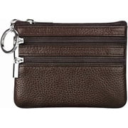 Womens Leather Small Coin Purse with 3 Zipper Pockets, Mini Pouch Loose Change Wallet Card Holder Case with Keychain