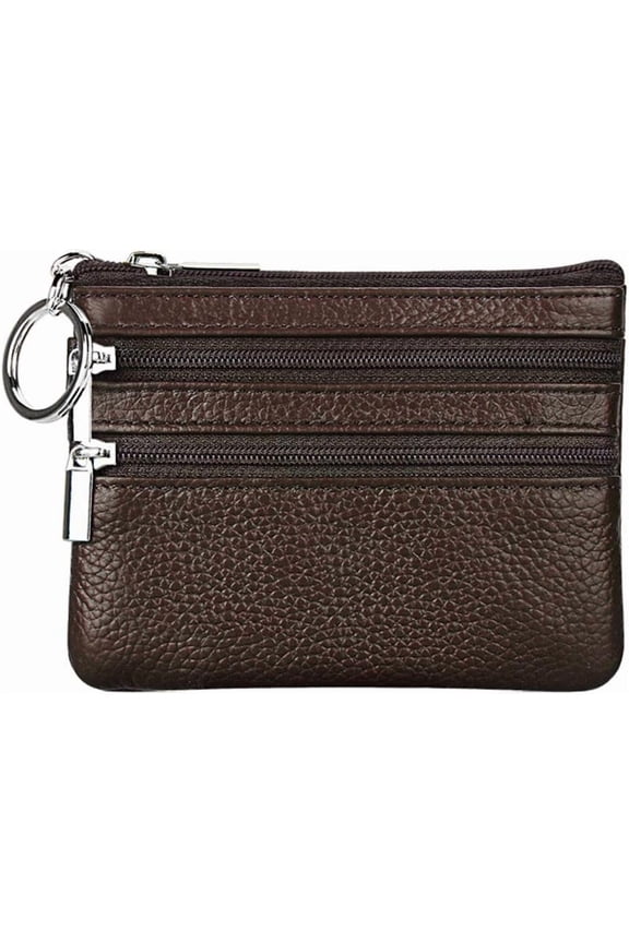 Women's Leather Small Coin Purse with 3 Zipper Pockets, Mini Pouch Loose Change Wallet Card Holder Case with Keychain