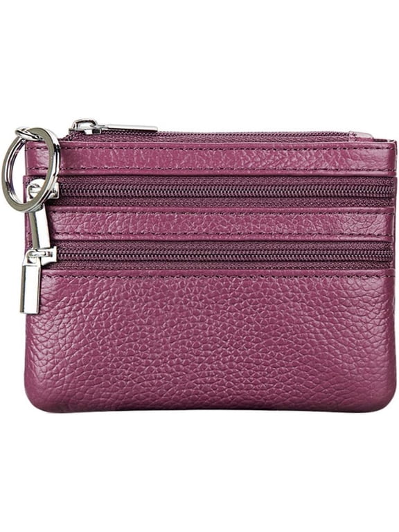 Women's Leather Small Coin Purse with 3 Zipper Pockets, Mini Pouch Loose Change Wallet Card Holder Case with Keychain
