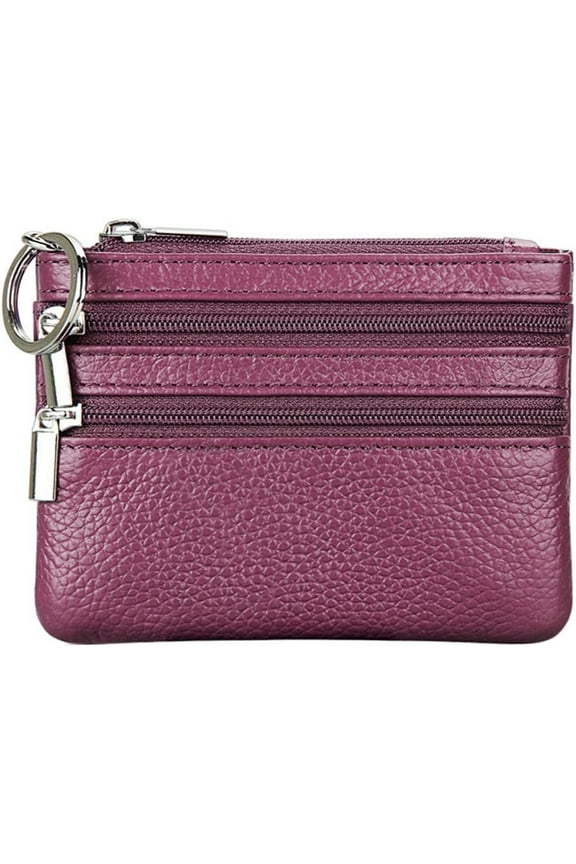 Women's Leather Small Coin Purse with 3 Zipper Pockets, Mini Pouch Loose Change Wallet Card Holder Case with Keychain