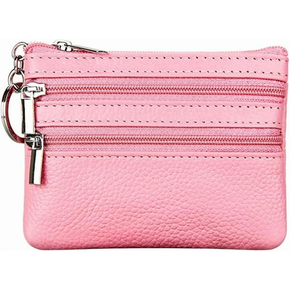 Women's Leather Small Coin Purse with 3 Zipper Pockets, Mini Pouch Loose Change Wallet Card Holder Case with Keychain