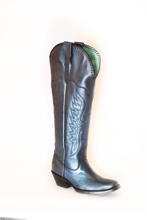 Women's Leather Smoke Grey Metallic Mid-Calf Boots