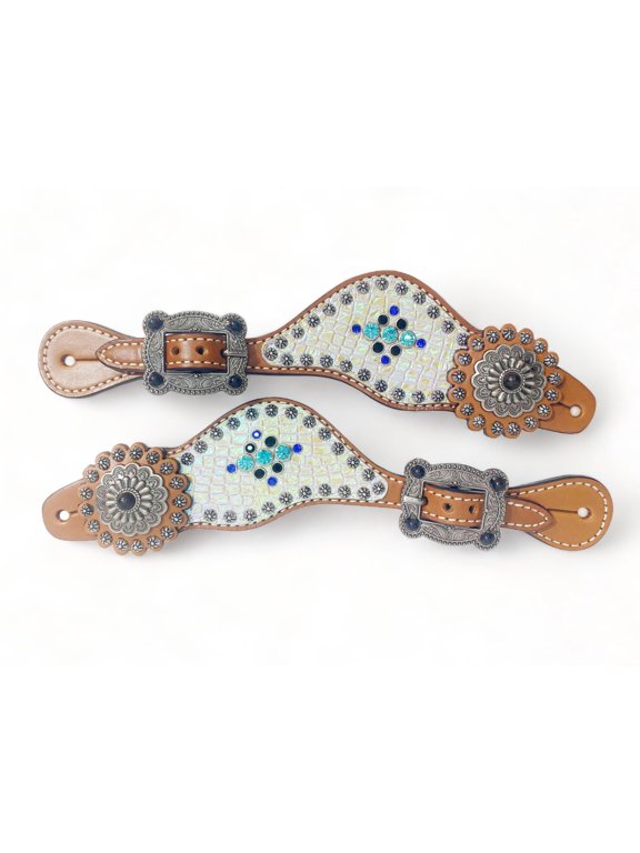 Women's Leather Spur Straps for Horse Riding, Argentina Cow Leather with Holographic Snake Print, Sunburst Bead Conchos, Antique Nickel Buckles, Western Boot Accessory