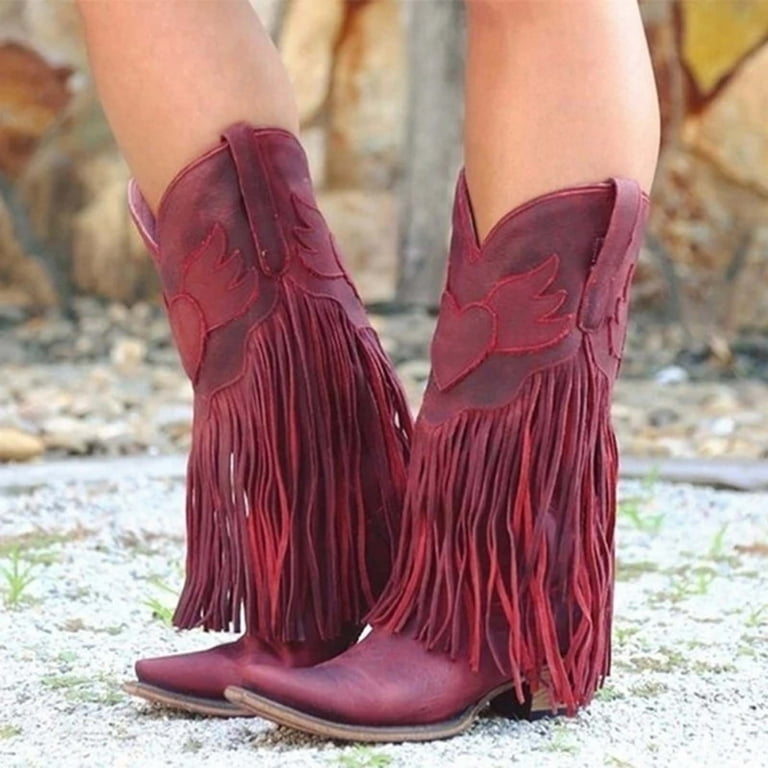 Josdec Women's Leather Square Toe Tassel Low-heeled Shoes Western Ankle Cowboy Boots, Size: 5.5, Red Josdec Women's Leather Square Toe Tassel Low-heeled Shoes Western Ankle Cowboy Boots, Size: 5.5, Red