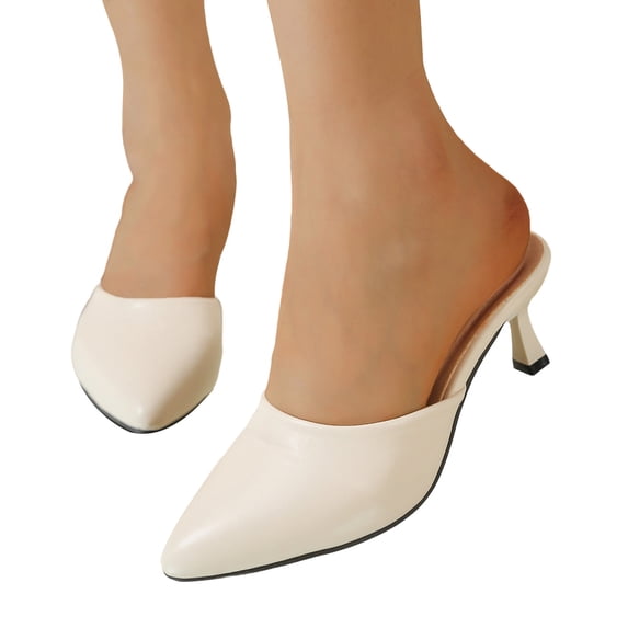 Women's Leather Stiletto Pumps Pointed Closed Toe Sandals Fashion Dressy Slip on Heeled Mules for Party Prom Wedding Beige Size 9