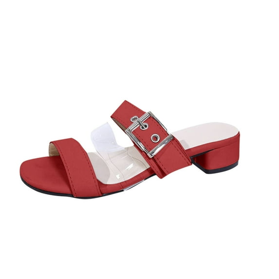 Women's Leather Strappy Chunky Heels Sandals Fashion Buckle Strap Comfortable Open Square Toe Slip On Low Heel Slides Summer Daily Party Office Dress Sandals
