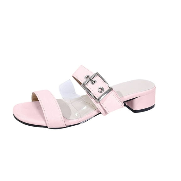 Women's Leather Strappy Chunky Heels Sandals Fashion Buckle Strap Comfortable Open Square Toe Slip On Low Heel Slides Summer Daily Party Office Dress Sandals
