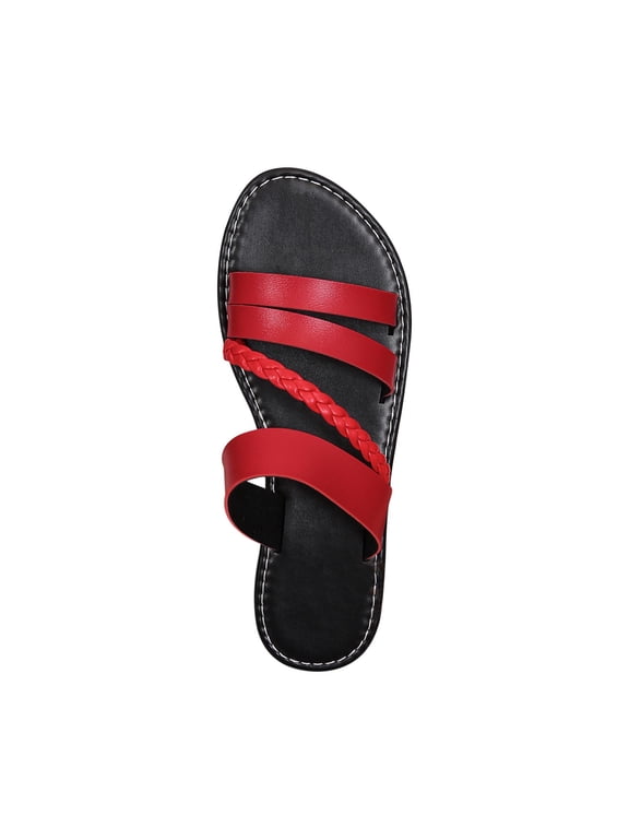 Women's Leather Strappy Sandals Dressy Braided Open Toe Slip on Slide Summer Vacation Beach Sandals Women's Braided Strappy Flat Sandals Summer Slides Beach Shoes